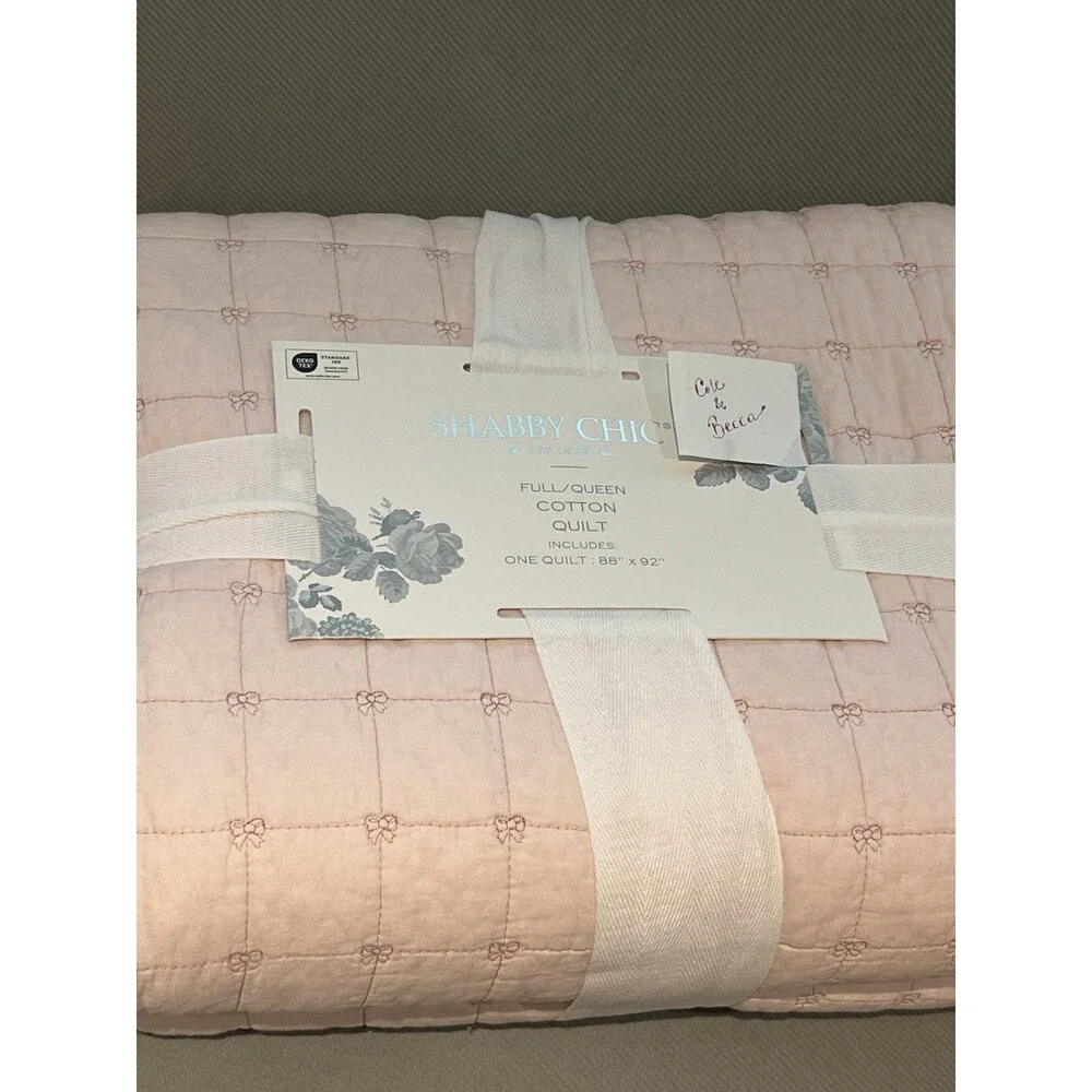 Shabby Chic Full/Queen Pink Quilt with All Over Bow Design 88”x92” New